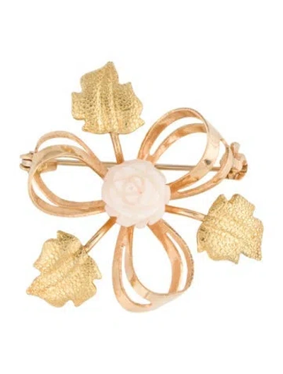 Pre-owned Brooch 18k Coral Rose, Leaf & Bow  In Multi
