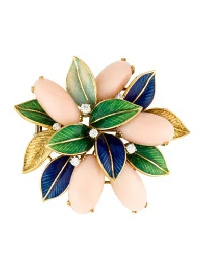 Pre-owned Brooch 18k Coral,enamel & Diamond  In Multi