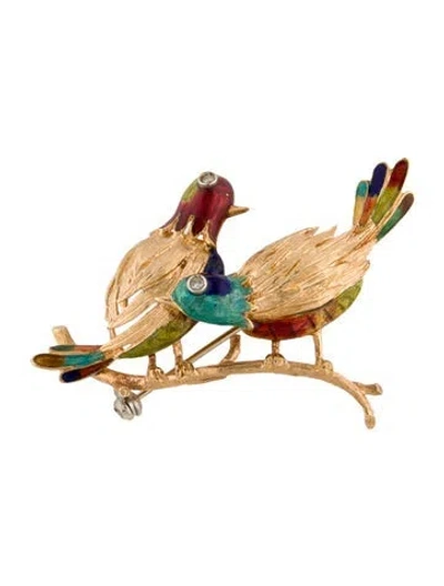 Pre-owned Brooch 18k Diamond & Enamel Bird  In Multi
