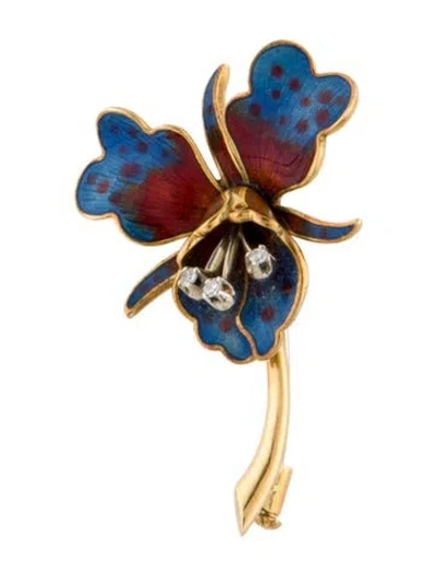 Pre-owned Brooch 18k Diamond & Enamel Floral  In Multi