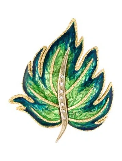Pre-owned Brooch 18k Diamond & Enamel Leaf  Pin In Green
