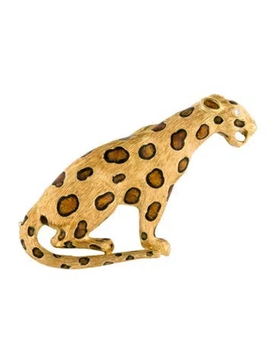 Pre-owned Brooch 18k Diamond & Enamel Leopard  In Multi