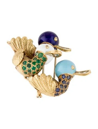 Pre-owned Brooch 18k Diamond & Multistone Three Ducks