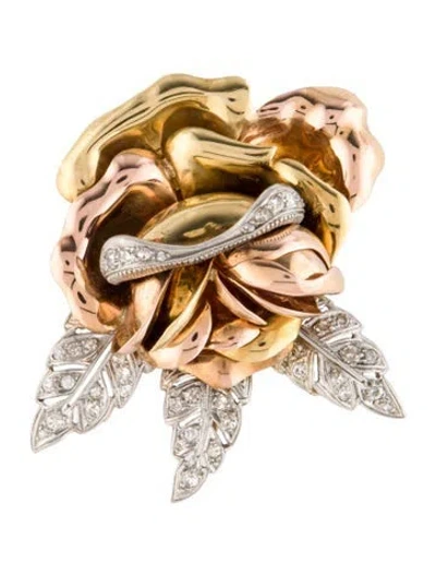 Pre-owned Brooch 18k Diamond Rose Pin In Multi