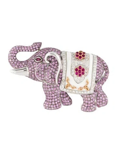 Pre-owned Brooch 18k Diamond, Ruby, Sapphire & Enamel Elephant  In White