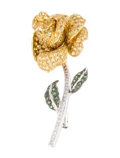 Pre-owned Brooch 18k Diamond, Tsavorite & Sapphire In Multi