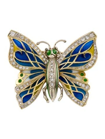 Pre-owned Brooch 18k Enamel & Diamond Butterfly  In Multi