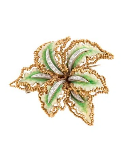 Pre-owned Brooch 18k Enamel & Diamond Flower  In Multi