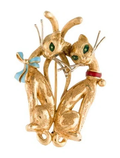 Pre-owned Brooch 18k Enamel Siamese Twin Cat  In Multi