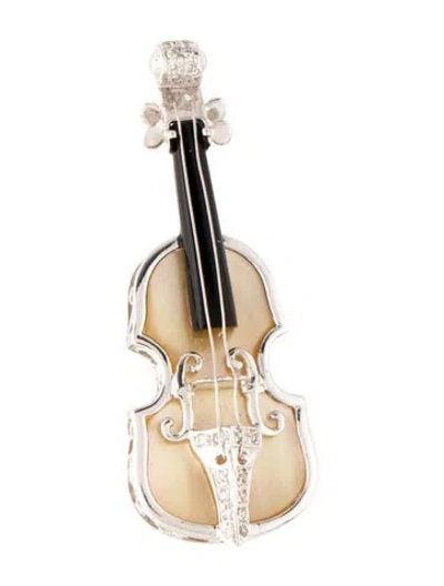 Pre-owned Brooch 18k Mother Of Pearl & Diamond Guitar  Pendant In Black