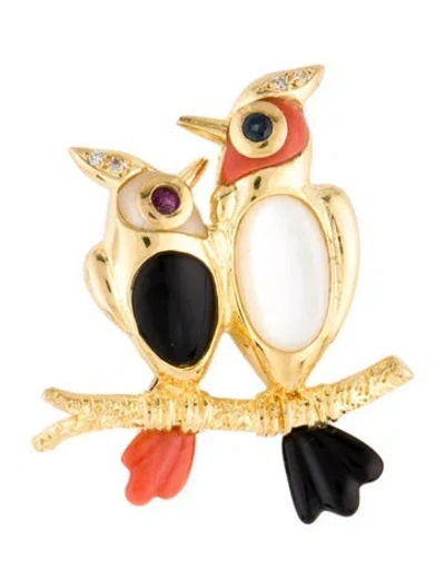 Pre-owned Brooch 18k Mother Of Pearl, Coral, Diamond & Multistone Bird