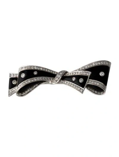 Pre-owned Brooch 18k Onyx & Diamond Bow  In Multi