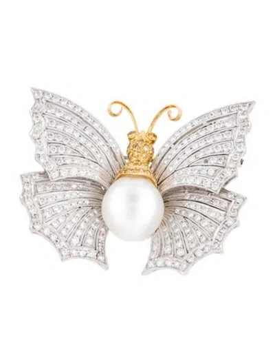 Pre-owned Brooch 18k Pearl & 2.32ctw Diamond Butterfly  In Multi