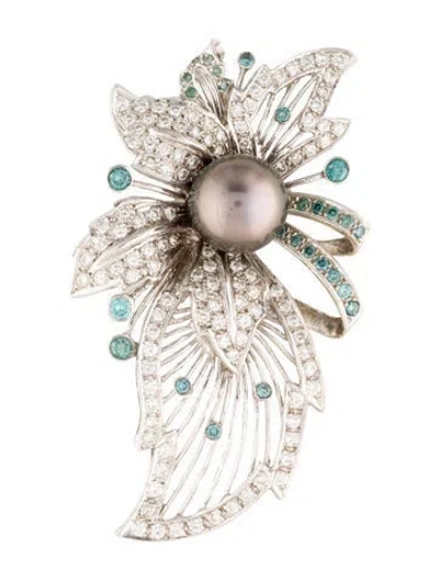 Pre-owned Brooch 18k Pearl & 5.18ctw Diamond  Pin In Multi