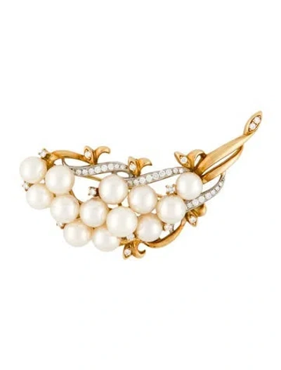 Pre-owned Brooch 18k Pearl & Diamond Pin  In Multi