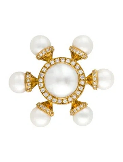 Pre-owned Brooch 18k Pearl & Diamond Pin  In Multi