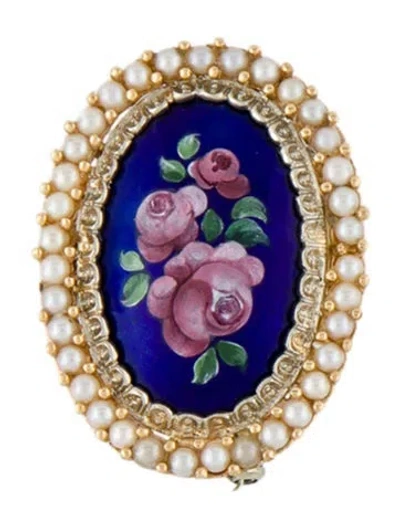 Pre-owned Brooch 18k Pearl & Enamel  In Multi