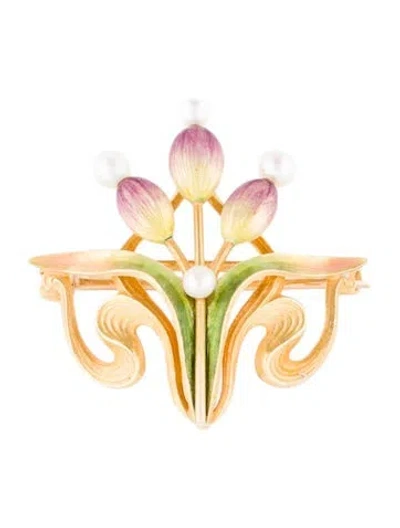 Pre-owned Brooch 18k Pearl & Enamel Flower  In Multi