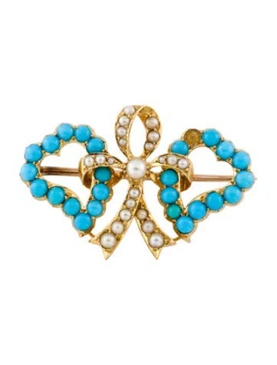 Pre-owned Brooch 18k Pearl & Turquoise Bow  In Multi