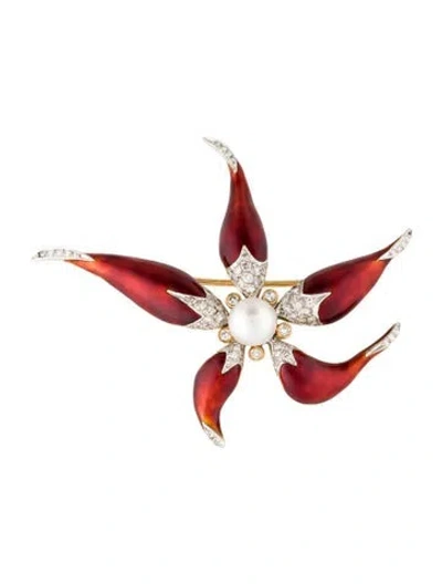 Pre-owned Brooch 18k Pearl, Enamel & Diamond Starfish  In Red