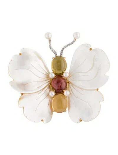 Pre-owned Brooch 18k Pearl, Mother Of Pearl, Diamond & Mulitstone  In Multi