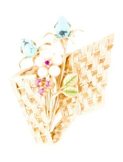Pre-owned Brooch 18k Pearl, Ruby, Turquoise & Enamel Basket  In Green