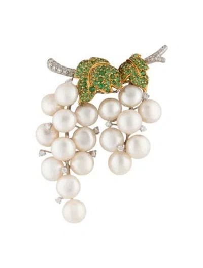 Pre-owned Brooch 18k Pearl, Tsavorite Garnet & Diamond Grape Motif  Pin In Multi