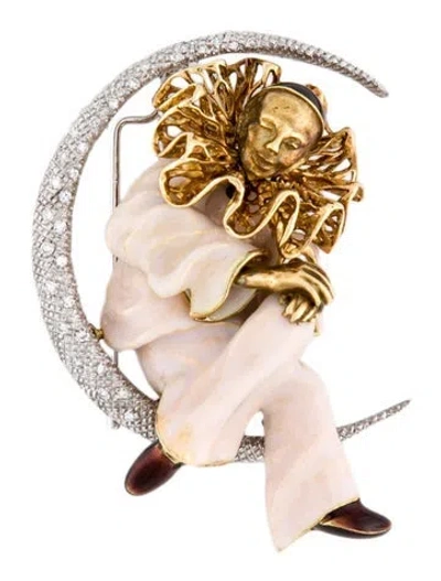 Pre-owned Brooch 18k 'pierrot Lunaire' Diamond & Opalescent Enamel  In Multi