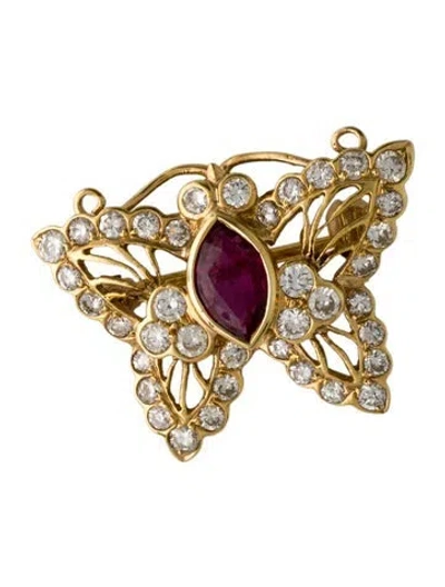 Pre-owned Brooch 18k Ruby & Diamond Butterfly  Pin In Multi