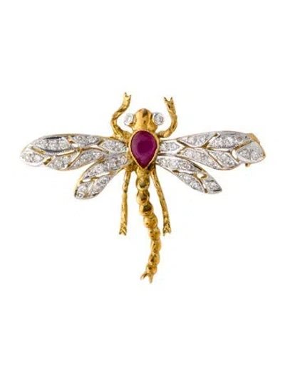 Pre-owned Brooch 18k Ruby & Diamond Dragonfly  In Multi