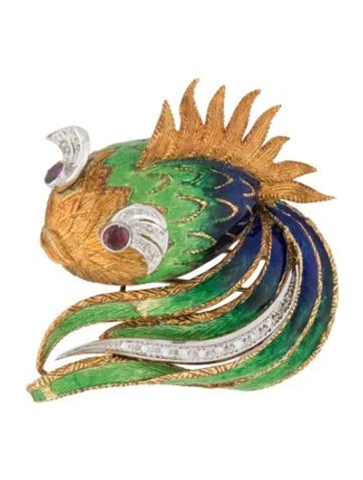 Pre-owned Brooch 18k Ruby & Diamond Enamel Fish  In Multi