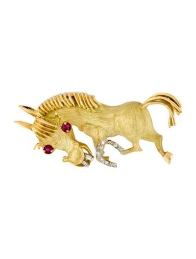 Pre-owned Brooch 18k Ruby & Diamond Figural Buck Tooth Horse  In Multi