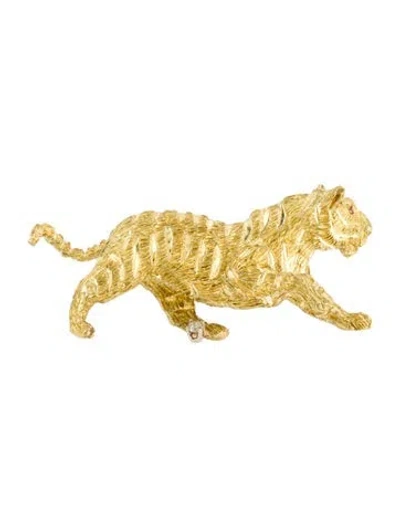 Pre-owned Brooch 18k Ruby & Diamond Tiger Pin  In Multi