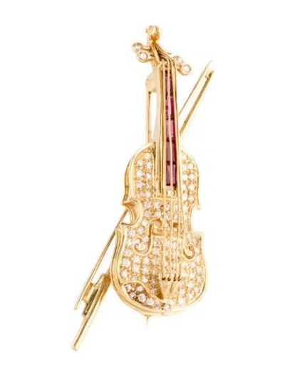 Pre-owned Brooch 18k Ruby & Diamond Violin  In Multi