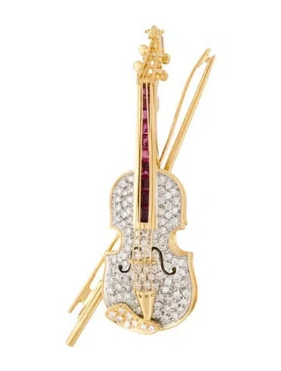 Pre-owned Brooch 18k Ruby & Diamond Violin Convertible , 2.5" In Multi