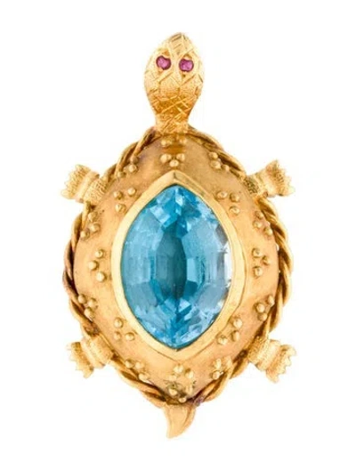 Pre-owned Brooch 18k Topaz & Ruby Turtle Pendant  In Multi