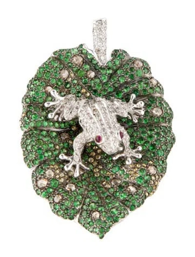 Pre-owned Brooch 18k Tsavorite Garnet, Ruby, & Diamond Convertible Frog On A Leaf  In Multi