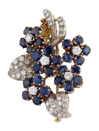 Pre-owned Brooch 18k Two-tone Sapphire & Diamond Floral  In Multi