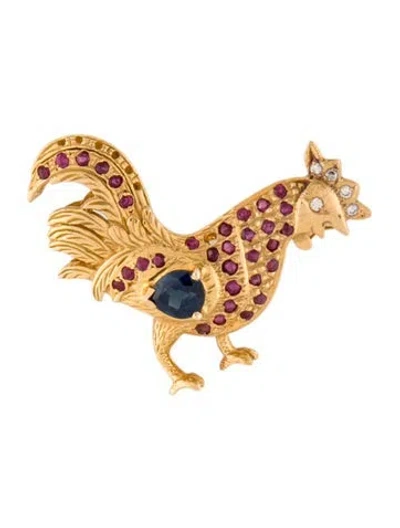 Pre-owned Brooch 20k Ruby, Blue Sapphire & Diamond Rooster  Pin In Multi