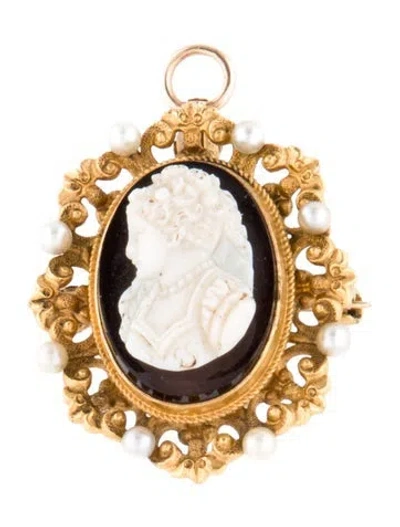 Pre-owned Brooch 22k Pearl & Onyx Cameo Pendant  In Multi