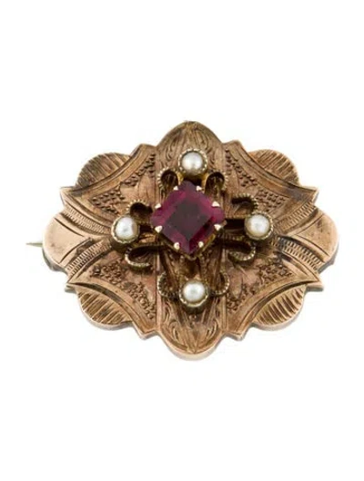 Pre-owned Brooch Antique 10k Pearl & Rhodolite  Pin In Multi