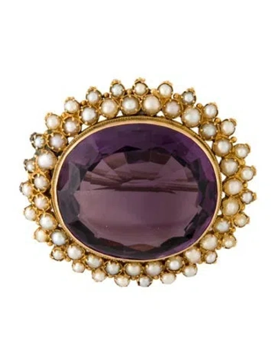 Pre-owned Brooch Antique 14k Amethyst & Pearl  In Multi