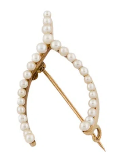 Pre-owned Brooch Antique 14k Seed Pearl Wishbone  In Multi