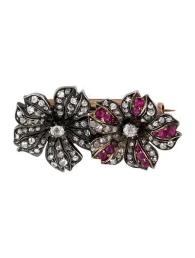 Pre-owned Brooch Antique Ruby & Diamond Flower Pin  In Multi