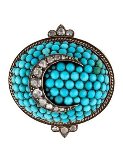 Pre-owned Brooch Antique Turquoise & Diamond Crescent Moon  Pin In Multi