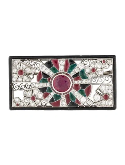 Pre-owned Brooch Art Deco Platinum Ruby, Diamond, & Enamel  In Multi