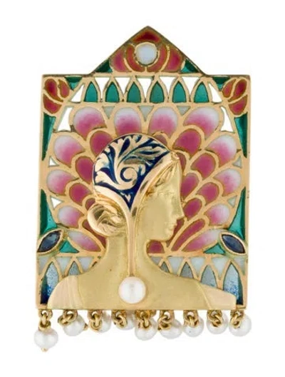 Pre-owned Brooch Art Nouveau 18k Pearl, Sapphire & Enamel Pendant  In Multi