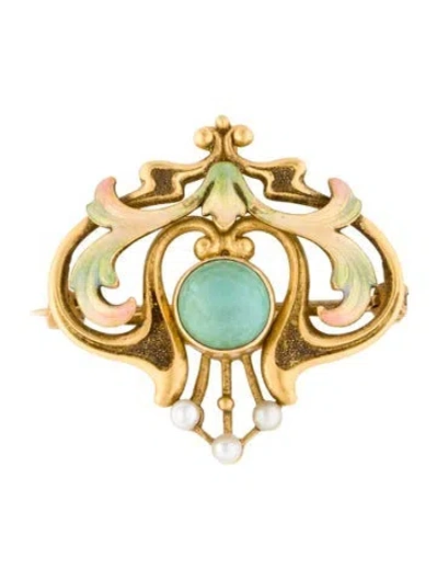 Pre-owned Brooch Art Nouveau 22k Pearl, 1.00ct Turquoise & Enamel Pin  In Multi