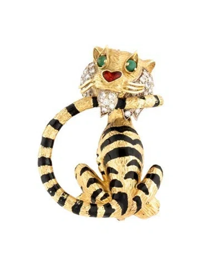 Pre-owned Brooch Diamond & Emerald Tiger Pin  In Multi