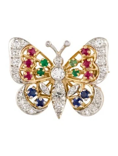 Pre-owned Brooch Diamond & Multistone Butterfly Pin